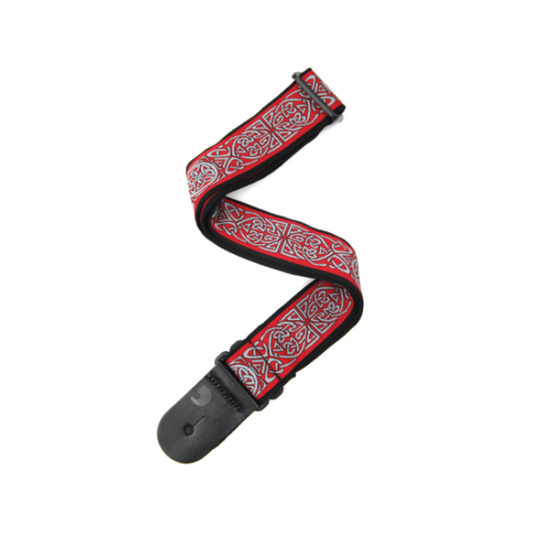 A D'Addario Celtic guitar strap with a red and black design and adjustable length.
