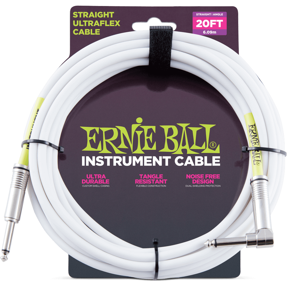 Ernie Ball Ultraflex 20' Guitar Cable -Straight/ Angled Jack in White