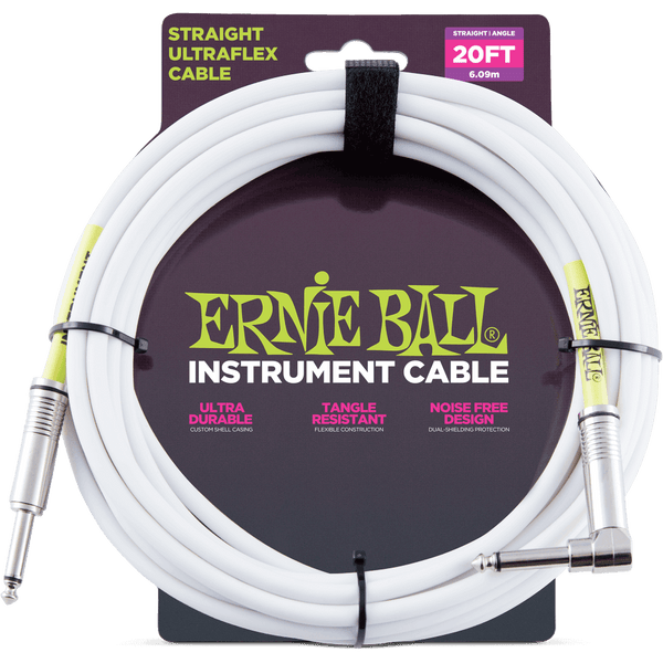 Ernie Ball Ultraflex 20' Guitar Cable -Straight/ Angled Jack in White