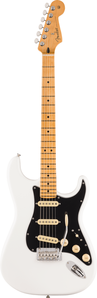 White electric guitar with black pickguard, Maple Guitar Neck