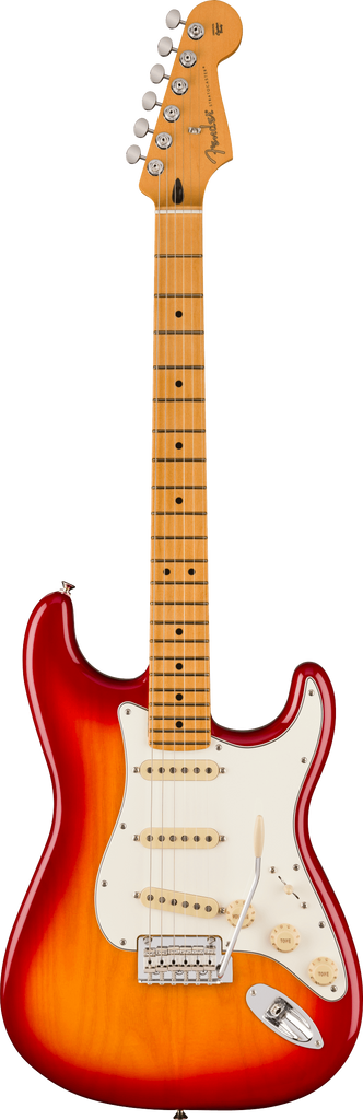 Electric guitar with a sunburst finish with a Maple Neck and Single Coil Pickups